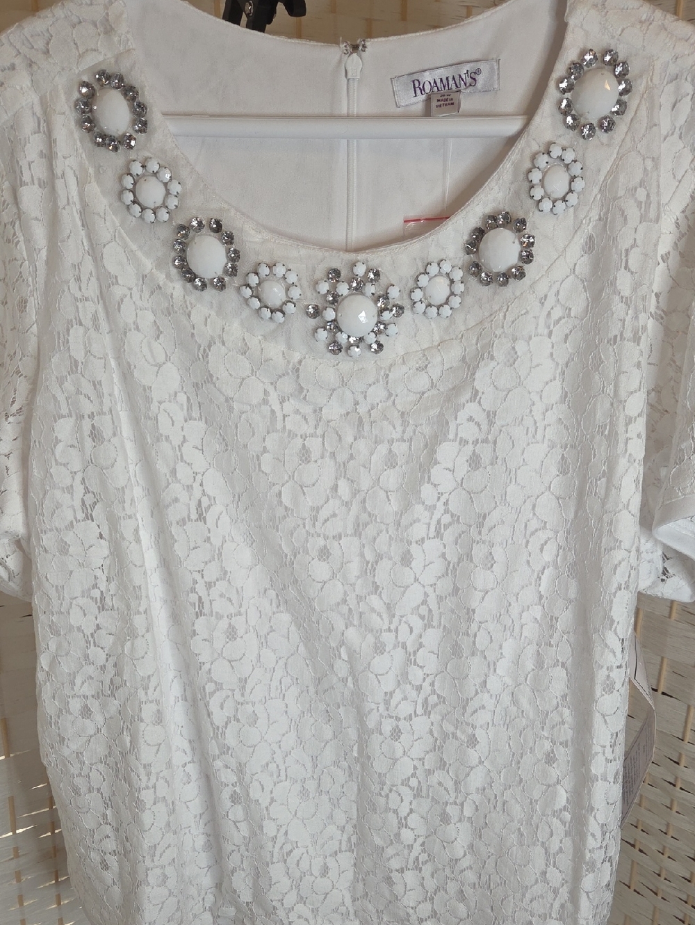 Roaman's White Lace Blouse with Jeweled Collar
